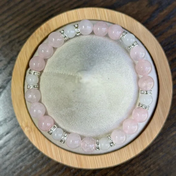 Adult Rose Quartz and White Jade Bracelet and Earrings Set Stretchy Beaded - Picture 3 of 5